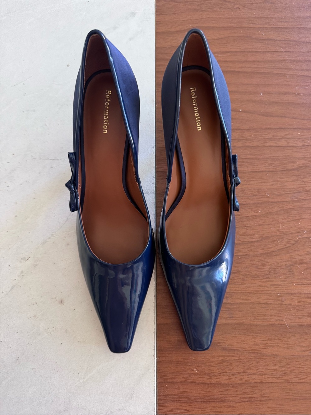 Reformation Neve Bow Pump in Navy patent leather